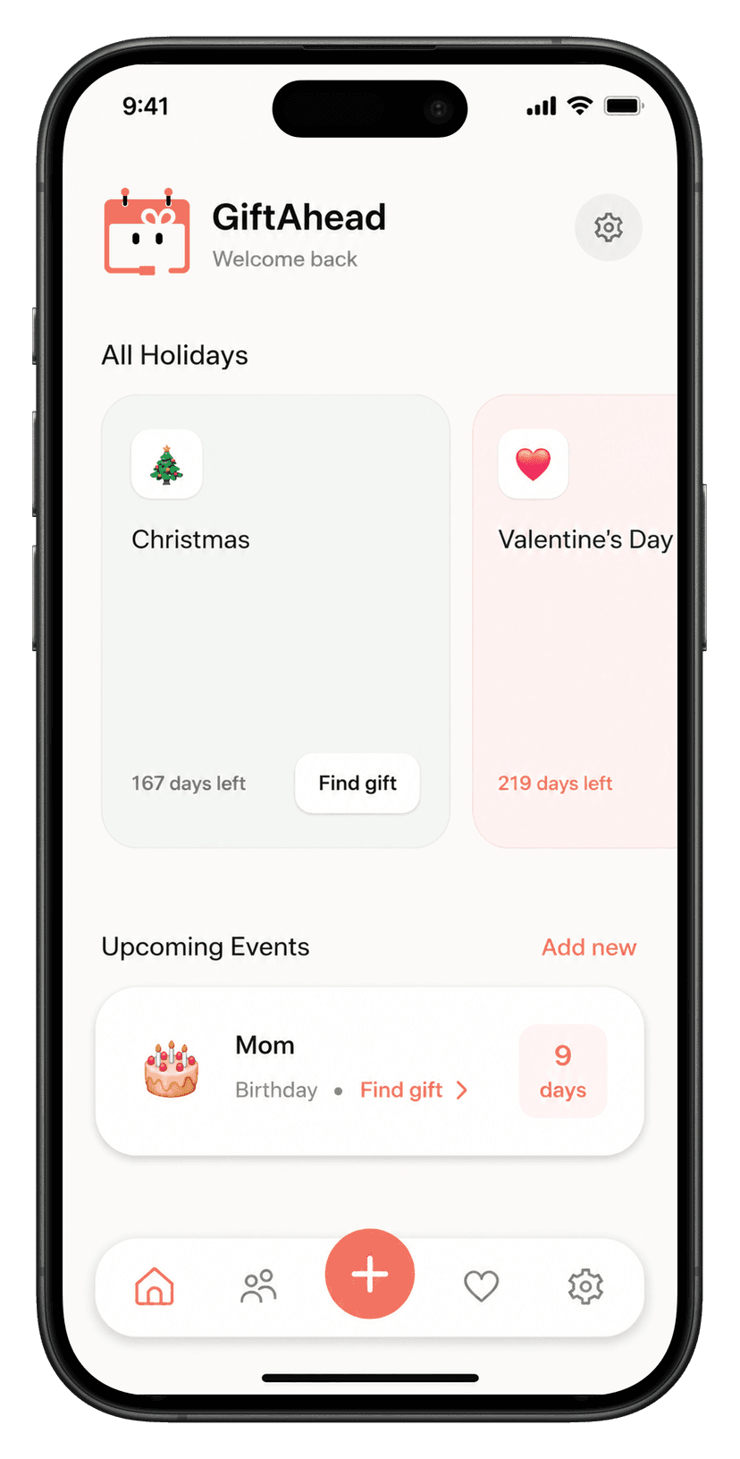 GiftAhead home screen showing upcoming birthdays